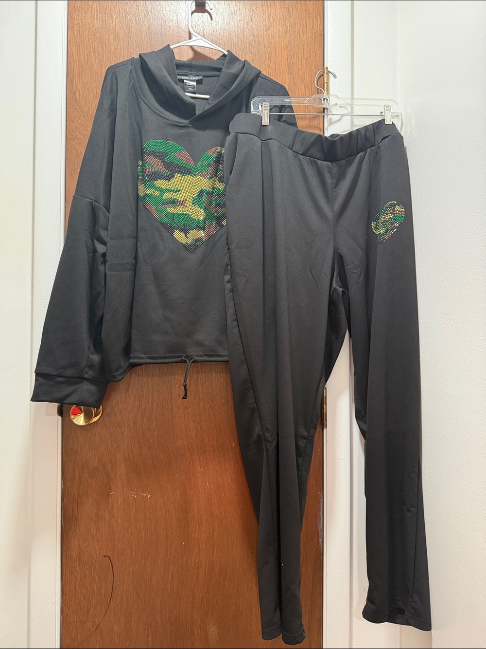 Ashley Stewart Black Track Pants & Hoodie Set with Green Camo Heart